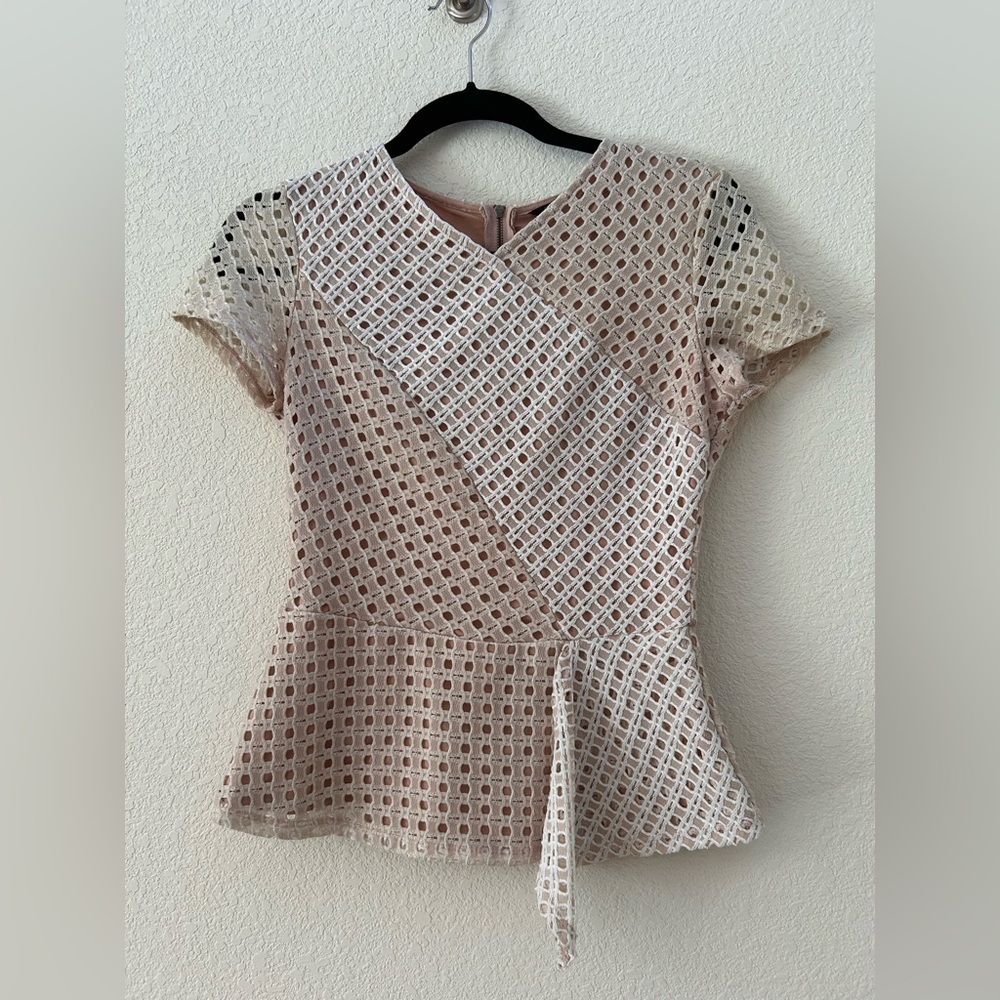 BCBGMaxAzria Kaleigh Tan and White Lace Peplum Blouse Size XS